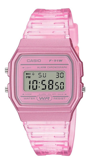 Reloj de pulsera Casio Collection F-91 de cuerpo color rosa, digital, fondo gris, con correa de resina color transparente y rosa, dial negro, minutero/segundero negro, bisel rosa y hebilla simple