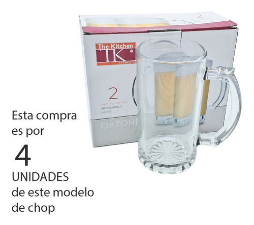 Chop Cervecero Jarro De Vidrio Tipo Mug Set X 4 De 480 Ml