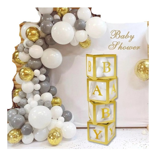 Arco De Globos Baby Shower Blanco Gris +4cubos Mobiliario