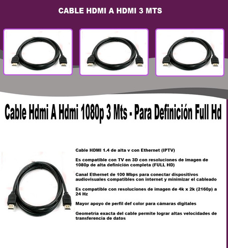 Cable Hdmi A Hdmi 1080p 3 Mts 