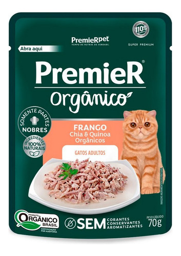 Sachê Premier Orgânico Frango Para Gatos Adultos 70g