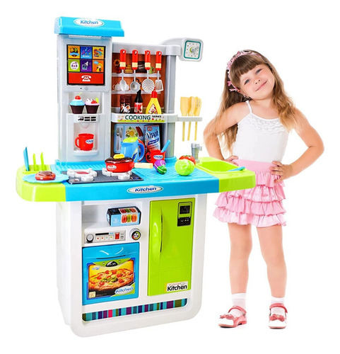Cozinha Infantil Completa Painel Touch Screen Pia Som 98cm Cor Verde