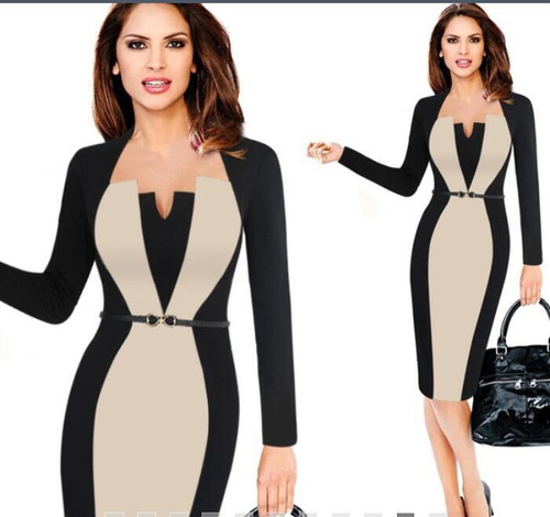 Manga Larga V-cuello Sexy Bodycon Slim Lápiz Trabajo Vestido