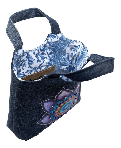 Bolso Mini Cuadrado Elaborado Con Mezclilla Pintado Mándala (Reacondicionado)