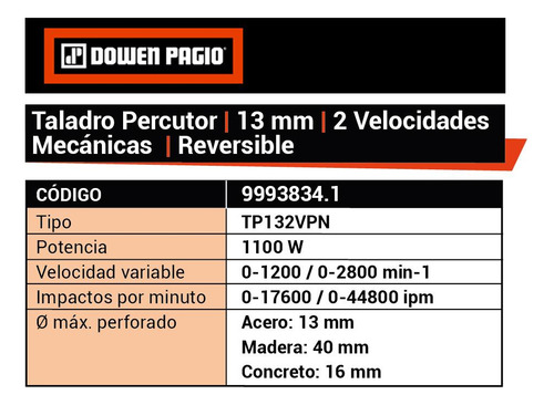 Taladro Percutor 13mm 2 Vel 1100 W Dowen Pagio 9993834.1 Color Naranja Frecuencia 50