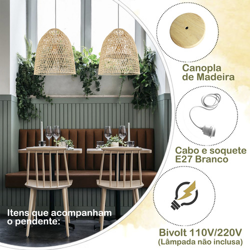 Pendente De Rattan Fibra Natural Artesanal Quarto E27 Nat59 Estrutura Palha 127/220v