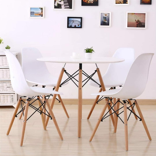 Comedor Eames Redondo Blanco 80 Cm + 4 Sillas Eames Blancas 