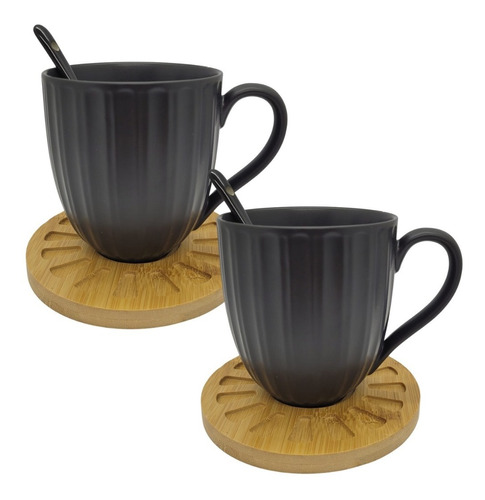 Set X 2 Tazas De Porcelana Negra + Platos + Cucharas 320 Ml