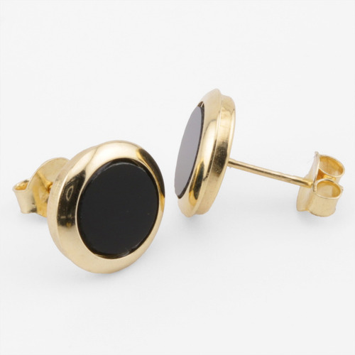 Aretes Broquel Círculo De Ónix Natural Oro Solido 10k 8 Mm