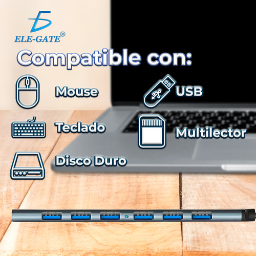 Hub Usb 3.0 7 Puertos Divisor Hub Usb Multipuerto Usb Tipo C Color Plateado Ele-Gate