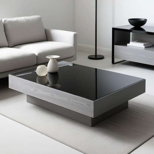 Mesa De Centro Sala Vidrio Negro Templado Lujo 90x60 Madera Gris
