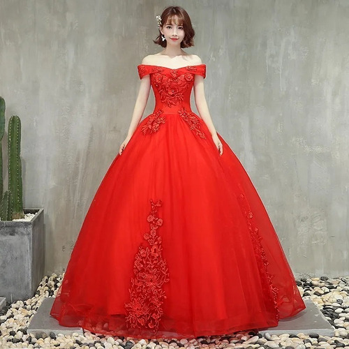 Vestido Xv Años Strapless Princesa  Rojo Apliques Bordado