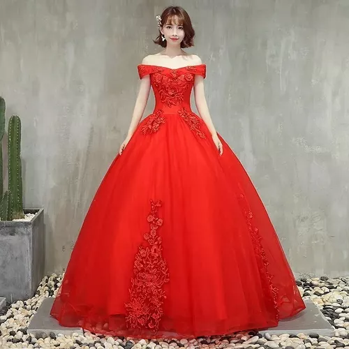 Vestido Xv Años Strapless Princesa Rojo Apliques Bordado