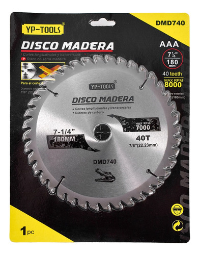 Disco Corte Madera 7 1/4  180 Mm 40 Dientes Dmd740