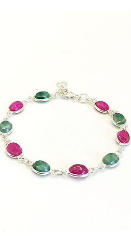 Pulsera Plata 925 Con Piedra Natural Verde Y Fucsia