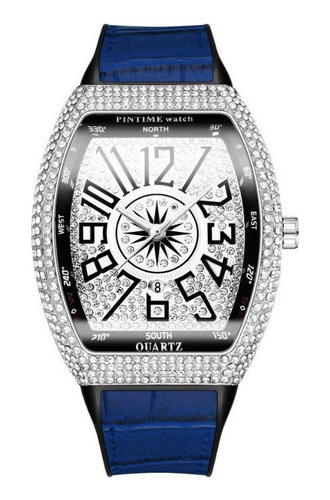 Reloj De Cuero Impermeable Pintime Diamond Calendar Color De La Correa Azul Color Del Bisel Plateado Color Del Fondo Blanco