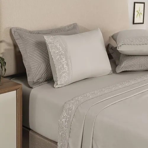 Jogo De Lençol Cama Queen 4 Peças 300 Fios Bordado Turim Percal F...