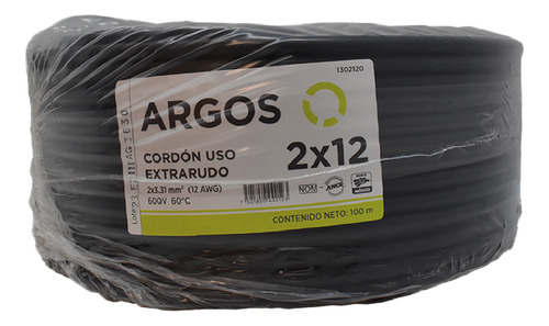 Cable Uso Rudo 2x12 Argos 100% Cobre 600v Caja 100 M Negro