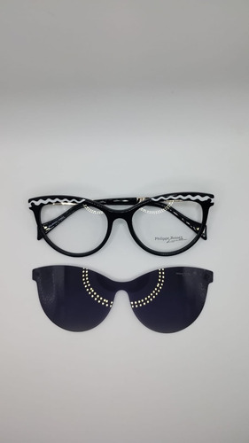 Anteojos Armazón Lentes Clip On Polarizado Ph. Rosset 1087 Negro Det. Blanco Dorado 001