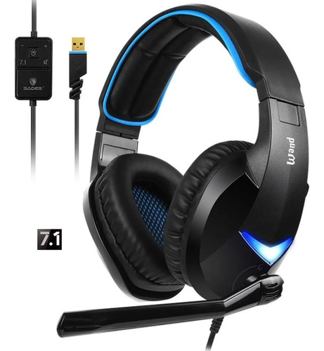 Headset Sades Wand Gamer Usb 7.1 Fone De Ouvido 2 Modos Preto Led Azul