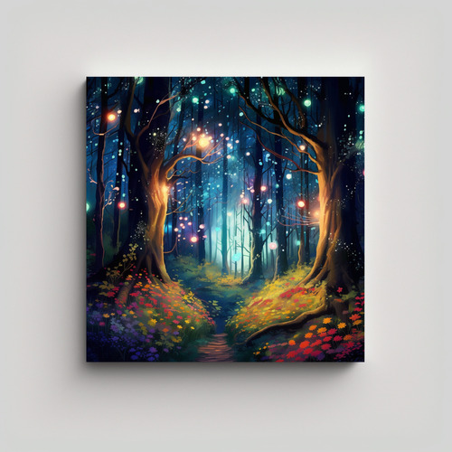 80x80cm Cuadro Decorativo Bosque Encantado Luces Árboles Pi