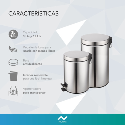 Set Tachos De Basura 3 Lts Y 12 Lts Acero Inoxidable Cestos