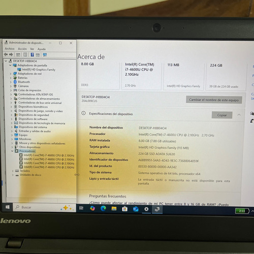 Lenovo Thinkpad X240 Core I7 4ta 256 Ssd 8 Reparar O Partes Negro (Usado)