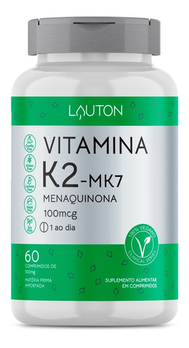 Vitamina K2 Mk7 - Menaquinona 100mcg - 60 Capsulas - Lauton