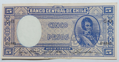 Billete Chileno De Cinco Pesos Fechado Año 1946