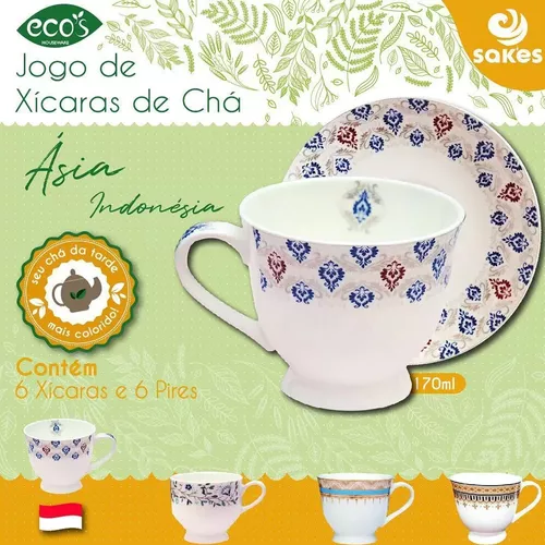 JOGO 6 XÍCARAS CHÁ CAFÉ COM 170ML DE PORCELANA COLORIDA - MUNDO DA