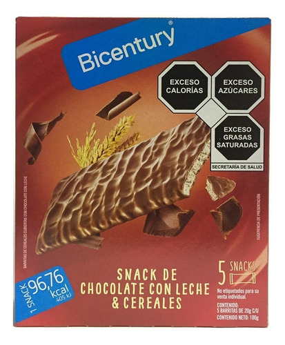 2 Pzs Bicentury Barras De Cereal Chocolate Con Leche 100gr