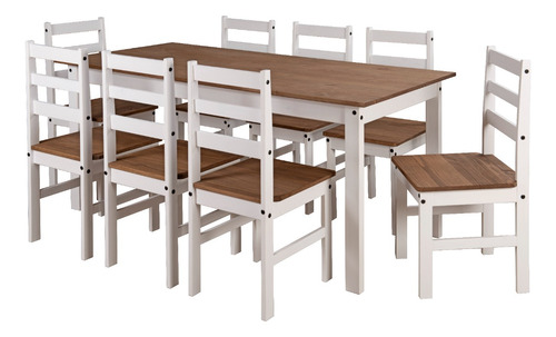 Juego De Comedor Madera Maciza Mesa + 8 Sillas Pino Color Blanco