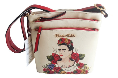 Bolsa Crossbody Frida Kahlo Fl705 De Piel Vegana  Roja Asas Color Negro