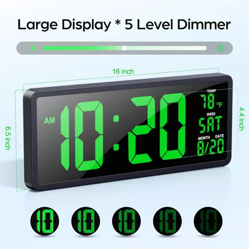 Reloj de pared digital grande de 16 pulgadas con control remoto y 7 luces  nocturnas, atenuador de 4 niveles, reloj LED grande con temperatura