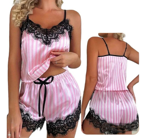 Pijama Seda Sexy Mujer Puntilla Conjunto Pantalon Remera Nyc