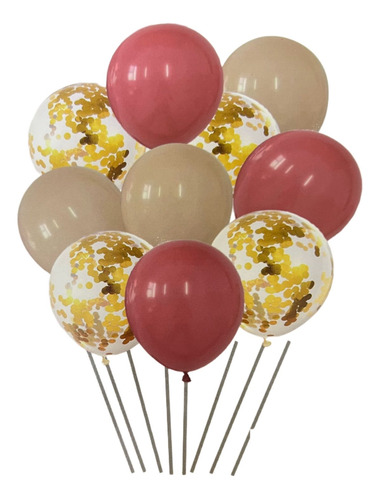 Set 10 Globos Retro Fucsia Nude Transparente Confetti Dorado