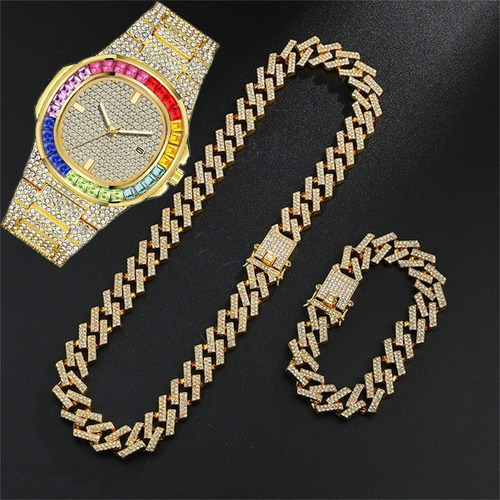 Reloj Iced Out Para Hombre, Collar Y Pulsera, Lujoso, Cubano