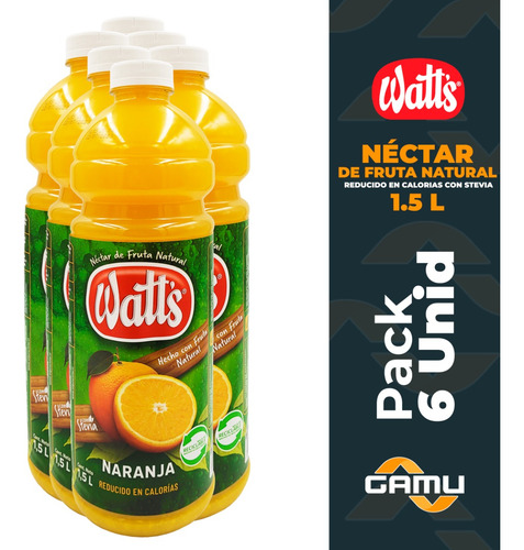 Watts Nectar Naranja C/stevia Reduc. Calorias 1.5 L Pack 6un
