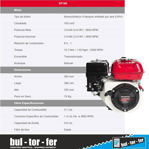 Motor Naftero Honda Eje Horizontal 5,5 Hp Gp160
