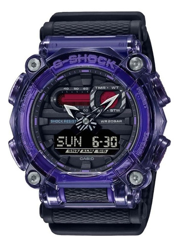 Reloj pulsera Casio G-Shock GA-900TS-6ACR de cuerpo color morado, día y fecha, fondo azul, con correa de resina color, bisel color azul y hebilla simple