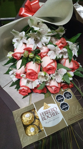 12 Rosas Y Astromelias Con Ferrero Rocher