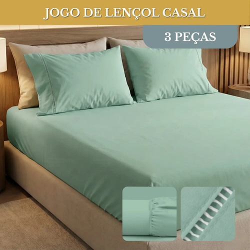 Jogo De Lençol Cama Casal 03 Peças 400 Fios Ponto Palito Cor Verde Desenho Do Tecido Lisa