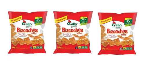 Pack X 3 Bizcohos  Dulces De Arroz Gallo X 100grs Celiacos