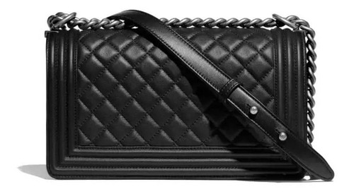 Imagen 2 de 2 de Bolsa bandolera Chanel Boy diseño liso de cuero bovino black con correa de hombro plateado y negra y herrajes metal