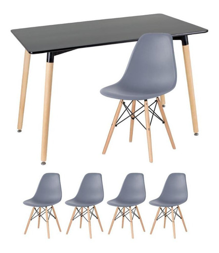 Kit Mesa Jantar Eames Retangular  4 Cadeiras Eiffel Wood Av Cor da tampa Mesa preto com cadeiras cinza escuro