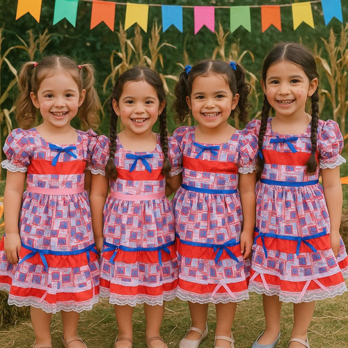 Vestido Festa Junina Infantil Estampado Com Laço Azul E Rosa