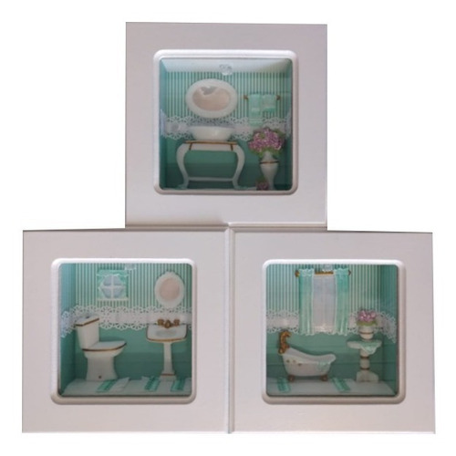 Kit 3 Quadros Para Banheiro - (miniaturas) Com Vidro