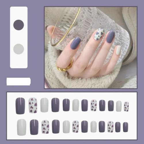 24 Pz Uñas Postizas Colore Mixtos Lila Lunares Corazon Amor Lila Lunares Corazon
