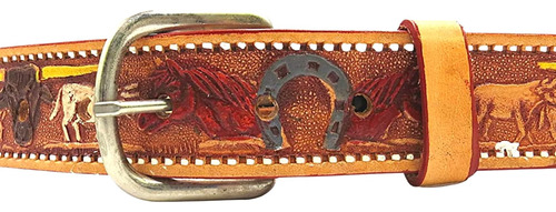 Cinturón De Cuero Decorativo Con Escena De Rancho Pintado, V