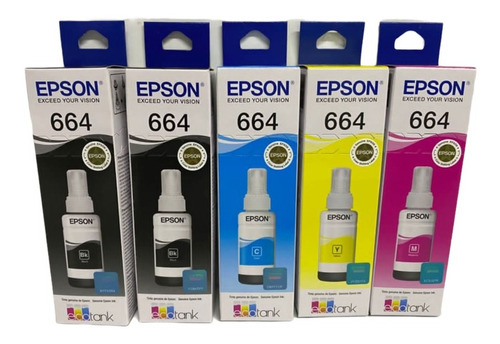 Pack Kit 5 Botellas De Tinta Epson 664 (2) Bk (3) Colores 